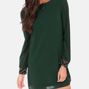 Long Sleeve Forest Green Beaded Cuff Dress